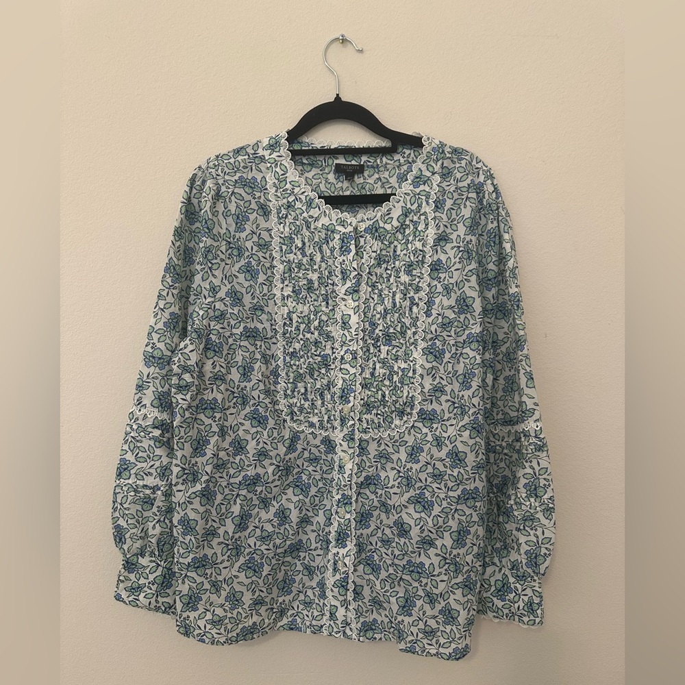 Talbots Scallop Lace Trim Top Blooming Daffodils Sz XL Petite Cotton Button Up